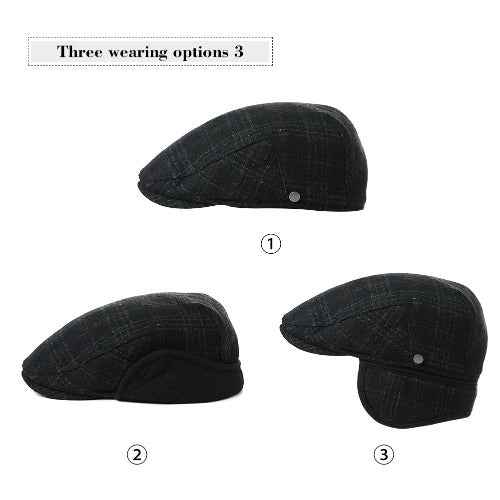 Wool Tweed Flat Cap Ivy Hat with Ear Flaps Warmer Winter Earflap Hunting Trapper Hat