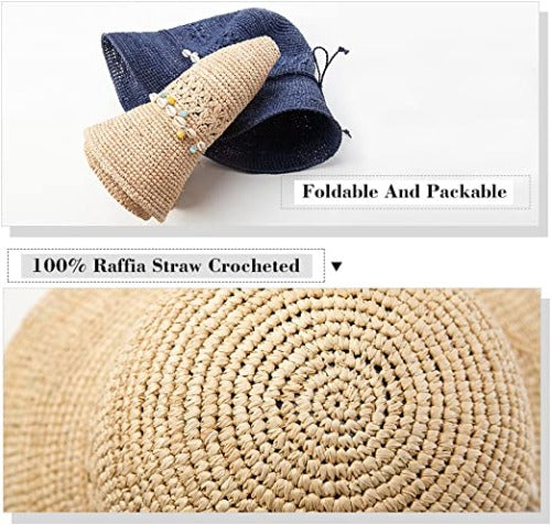 Womens 100% Raffia Straw Crochet Hat Foldable UPF Summer Beach Sun Hats
